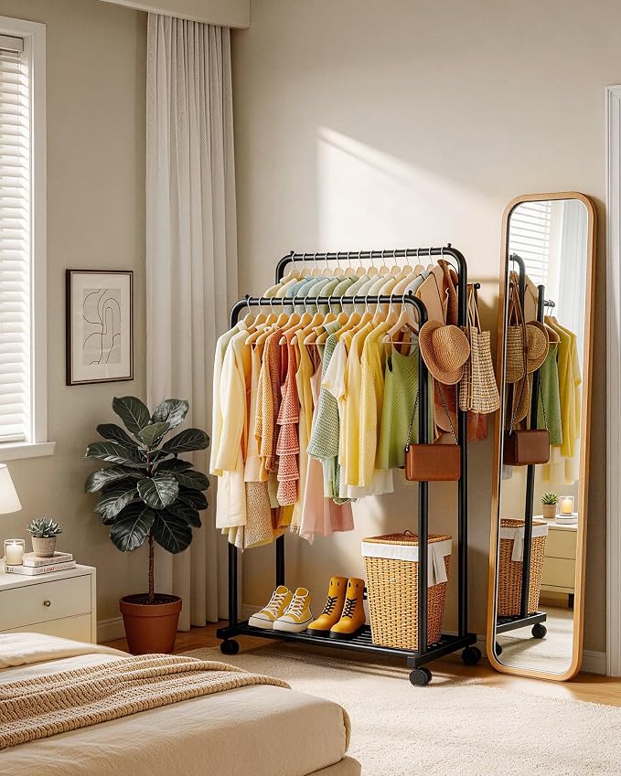 Sakugi Clothes Rack - Double Rods Clothing Rack with Mesh Shelf, Hooks & Wheels, Metal Clothing Racks for Hanging Clothes & Bags, Multifunctional Garment Rack for Laundry, Black, 28.7" x 16.5" x 59.1"