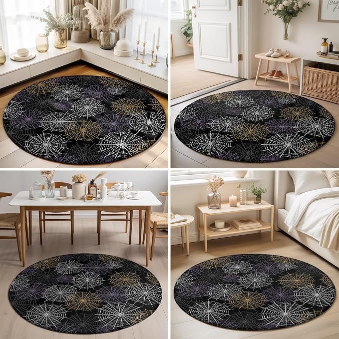 Round Area Rug 6', Black Halloween Washable Area Rugs for Living Room Kitchen Bedroom Nursery Dining Room, Purple White Yellow Net Classic Black Non Slip Door Mat Indoor Floor Throw Circle Carpet