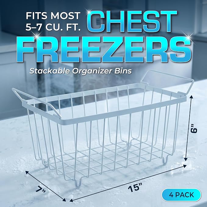 Deep Freezer Organizer Bins 4-Pack Black with Portable Heat Sealer & Reusable PEVA Bags, Heavy-Duty Stackable Chest Freezer Storage Baskets,15 x 7 x 6 in, White