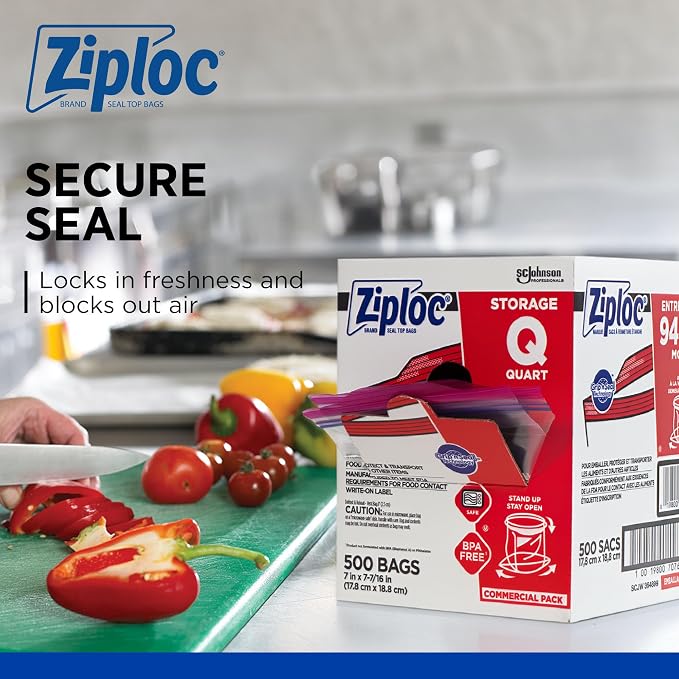 SC Johnson Professional, Ziploc Storage Bags, For Food Organization and Storage, Double Zipper Seal, Easy-Open Tabs Quart, 500 Count