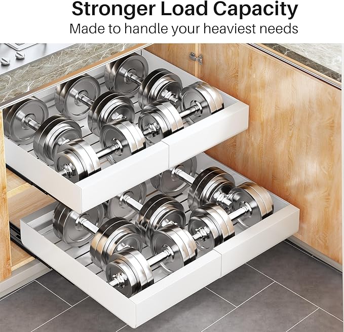 Pull out Cabinet Organizer, 4-pack, Expandable(12"-20") Heavy Duty Slide out Drawers Fixed with Adhesive Nano Film for Pots, Roll out Shelf Storage for Kitchen Base Cabinet Organization(3 Rails)