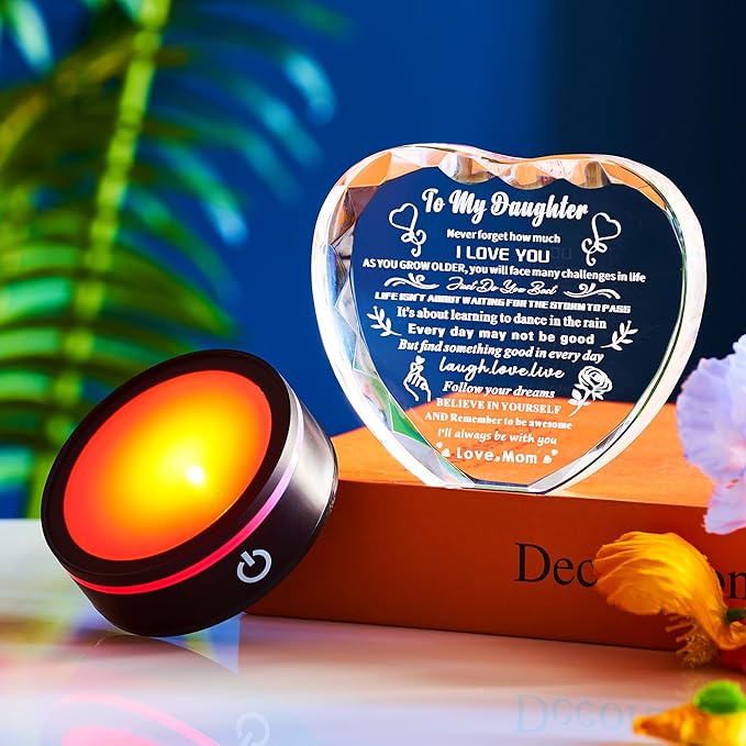Daughter Gifts from Mom Dad Unique Glass Heart Shaped Keepsake, Birthday Gifts for Daughter Adult with Colorful Light Base, Present to My Daughter on Wedding Mothers Day Graduation