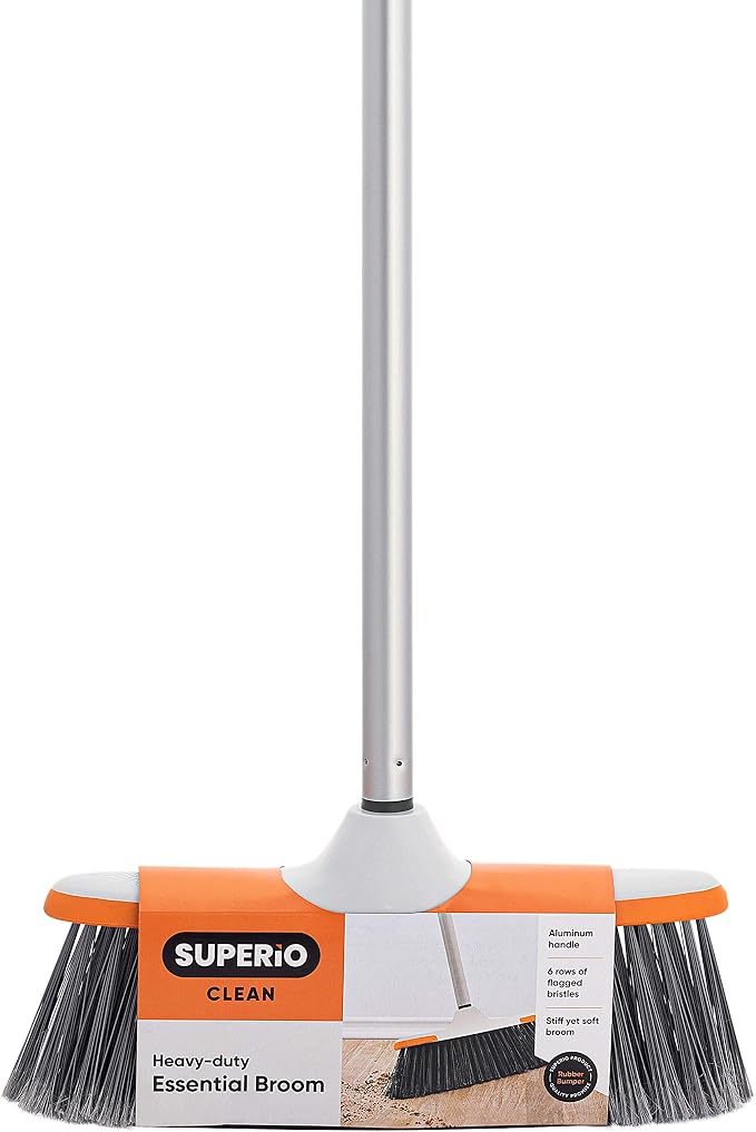 Superio Lightweight Essential Household Broom with Metal Handle, 2-Pack Grey