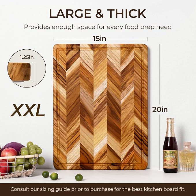 Teak Wood Cutting Board for Kitchen Extra 20'' Large End Grain Heavy Duty Checkered Wooden Cutting Board Non Toxic Herringbone Non Slip Charcuterie Butcher Block Juice Groove Handle Gift Box
