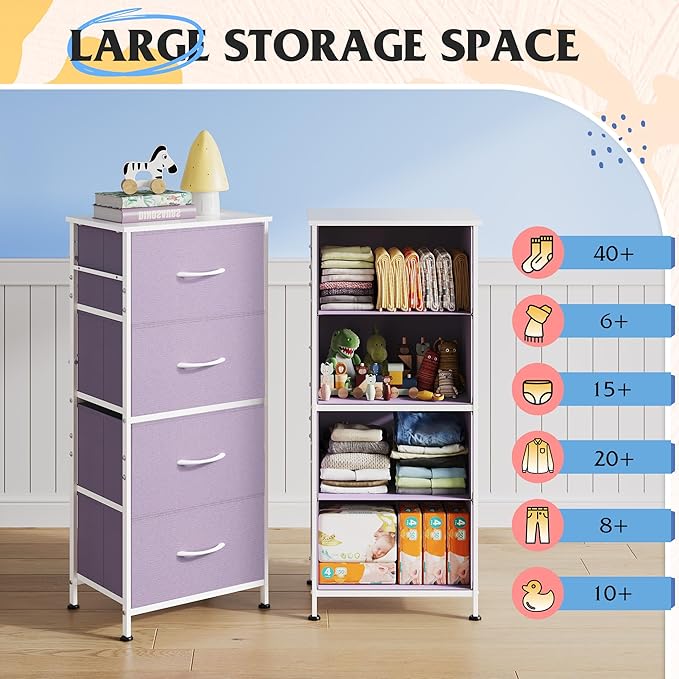 WLIVE Small Dresser Nightstand for Bedroom, 4 Drawers, Purple | 4 vertical fabric drawers, Space-saving tower, Bedroom or closet use, Chest of drawers, Dresser for small spaces