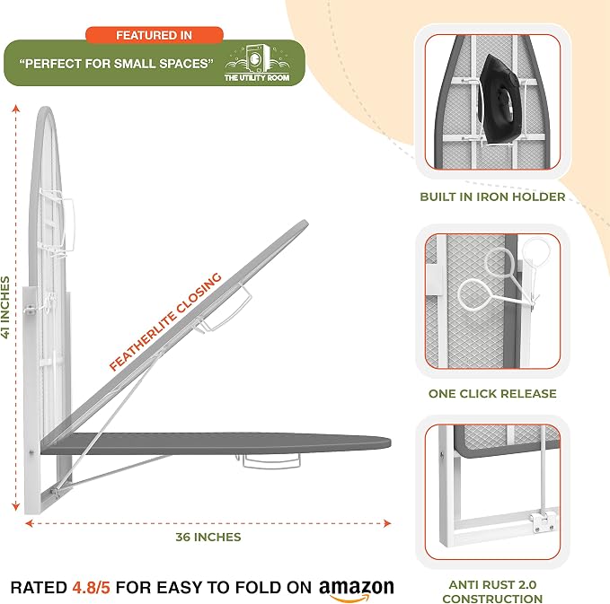 Ironing Board 36.2" x 12.2" Wall Mounted Compact Fold Down, Blue | Space-saving design, cotton cover, compact fit for laundry rooms and closets with Iron Holder