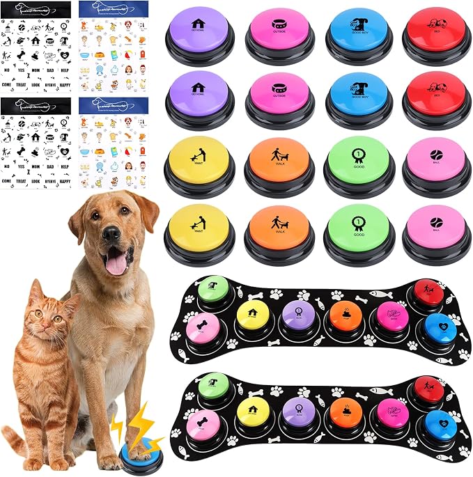 Dog Buttons for Communication, 16 Pcs Dog Talking Button Set, 30s Recordable Voice Pet Training Buzzers, Speaking Buttons for Dogs & Cats with 4 Scene Stickers (Batteries Not Included)