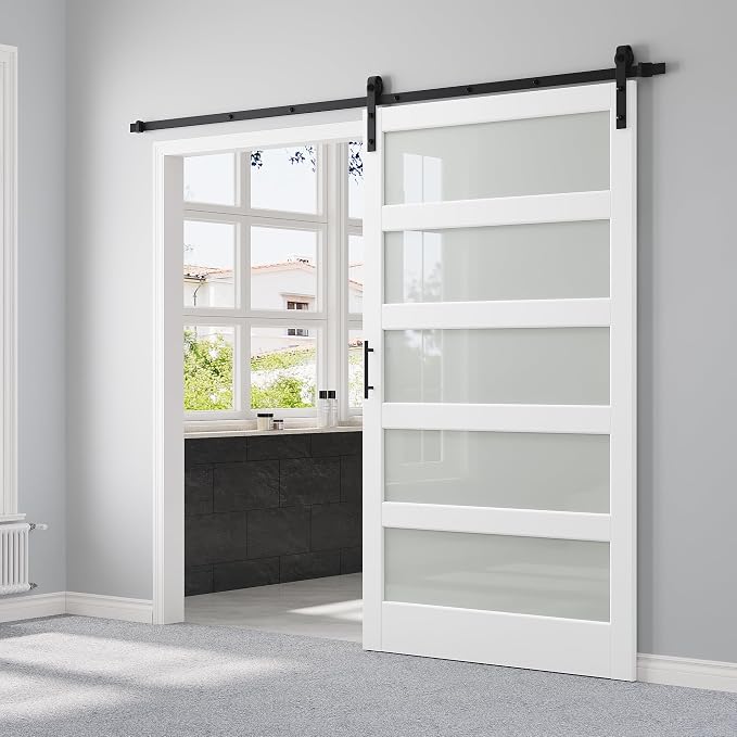 48" x 84" 5-Lites Frosted Glass Sliding Barn Door with 8FT Sliding Door Hardware Kit, Easy Assembly for Mortise and Tenon Structure, Water & Scratch Resistant MDF Barn Doors for Bathroom, Pre-Drilled
