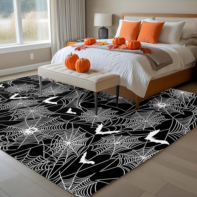 8 x 10 Ft Large Area Rug for Living Room, Halloween Indoor Accent Rugs for Bedroom, Black Scary White Bat Animal Net Geometric Decorative Modern Carpet Washable Low Pile Non Slip Rug for Dining Room