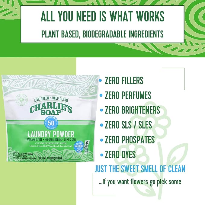 Charlie's Soap Unscented Laundry Powder, 300 Loads | Concentrated Detergent for Standard & HE Washers (Six 50-load Bags, 300 Total Loads)