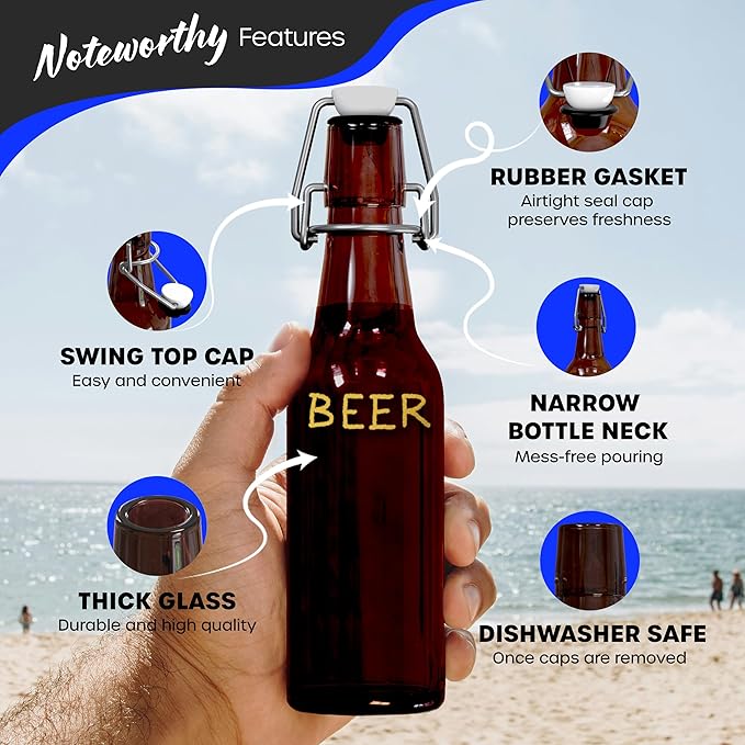 Nevlers 8.5 Oz Amber Swing Top Glass Bottles with Airtight Lid | Beer Bottle with Stopper 18 Pack w/Funnel, Brush & Marker | Reusable Flip Top Glass Bottle Set | Homemade Vanilla Extract Bottles