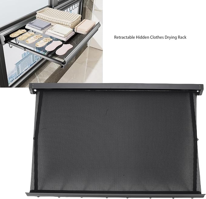 Space Aluminum Retractable Wall Mounted Clothes Drying Rack 23.6 Inch No Drilling Hidden Laundry Drying Net for Bathroom Balcony (Gray)