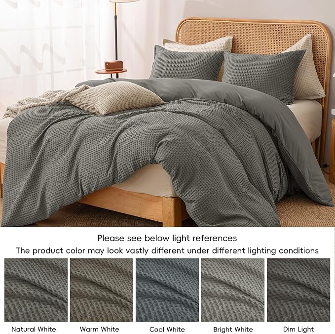 PHF Waffle Weave Duvet Cover Set King Size, No Snagging Ultra Soft Luxury Textured Breathable Comforter Cover for All Season 3pcs, Durable Bedding Duvet Set with 2 Pillow Shams, 104"x90", Grey