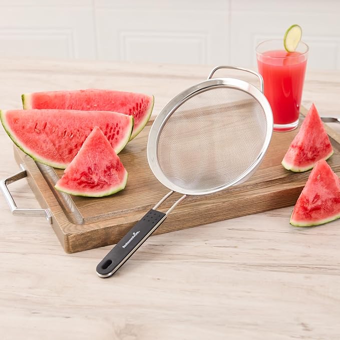 Restaurantware Fine Mesh Strainer 1 Count 14.4" x 7" x 2.9" with Silicone Handle Stainless Steel Extra Fine Mesh Strainer Heat-Resistant Handle Dishwasher-Safe for Rice, Quinoa, Pasta