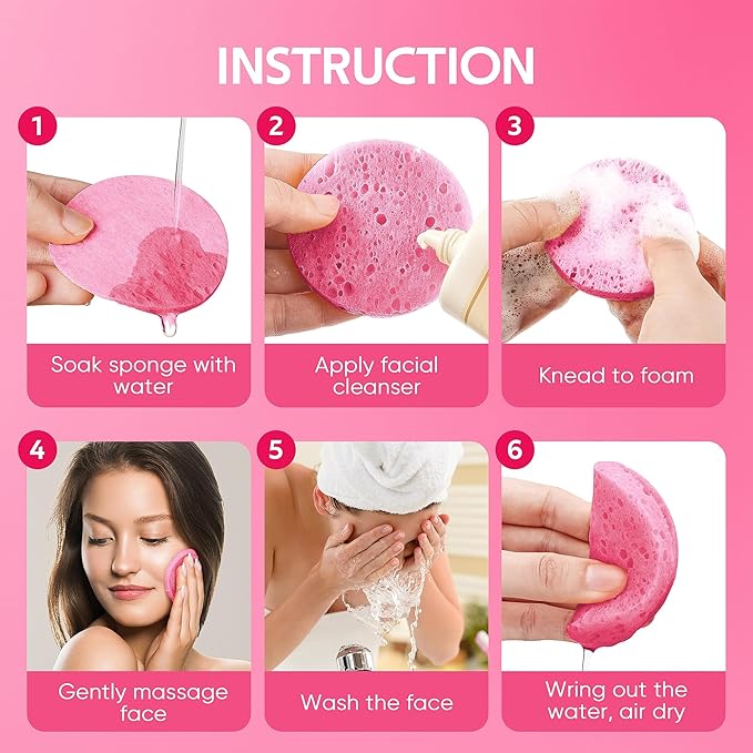 GAINWELL 50-Count Compressed Facial Sponge for Daily Facial Cleansing and Exfoliating, 100％ Natural Cosmetic Spa Sponges for Makeup Remover, Reusable, Pink