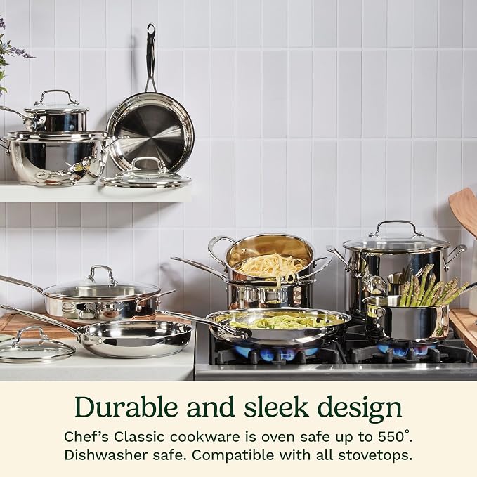 Cuisinart 8-Inch Open Skillet, Stainless Steel Skillet, Large Kitchen Pan, Dishwasher Safe, Compatible with Induction, Electric, Gas Cooktops, Oven Safe Saucepan, Cool Grip Handles