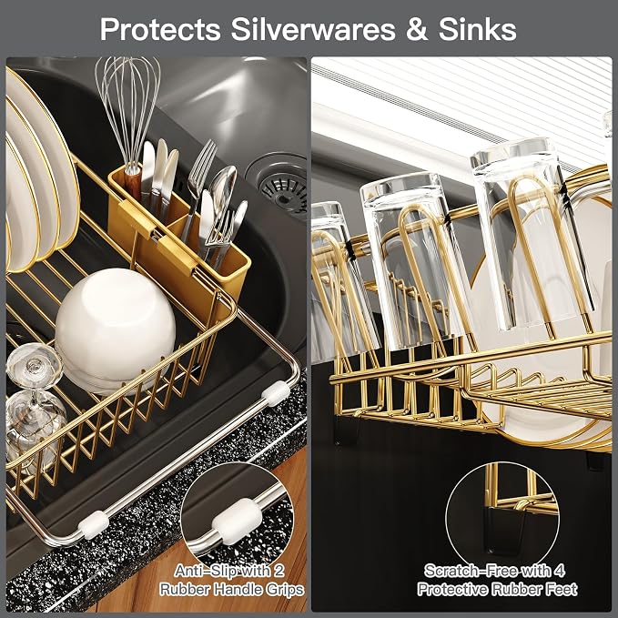 Gold Dish Drying Rack Over The Sink with Utensil Holder | Expandable Stainless Steel Dish Drainer for Small Kitchen, Apartment, RV, Counter Space Saving, Perfect Fit, Rustproof