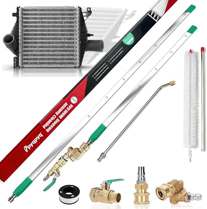 47" & 24" & 15" Radiator Cleaning Wand 5-Piece Set, 4500 PSI Stainless Steel Dual Water/Air Radiator Cleaner with Pressure Washer Gun Adapter & Tips for Cars, Trucks, Heavy Equipment,Silver& Green