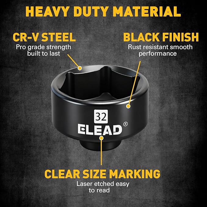 ELEAD 32 mm Oil Filter Socket Wrench, 3/8'' Drive 6-Point Oil-Filter Removal Tool, Metric Oil Filter Wrenches, Low Profile Design for Easy Removal, Chrome Vanadium Steel Oil-Change Tool