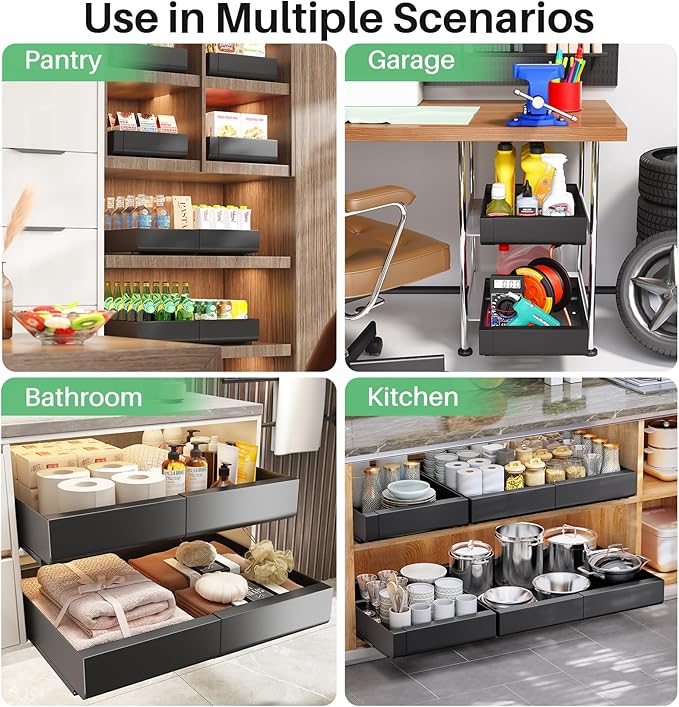 Pull out Cabinet Organizer, Wider Expandable(14"-24") Heavy Duty Slide out Drawers Fixed with Adhesive Nano Film for Pots and Pans, Roll out Shelf Storage for Kitchen Base Organization 2-Pack