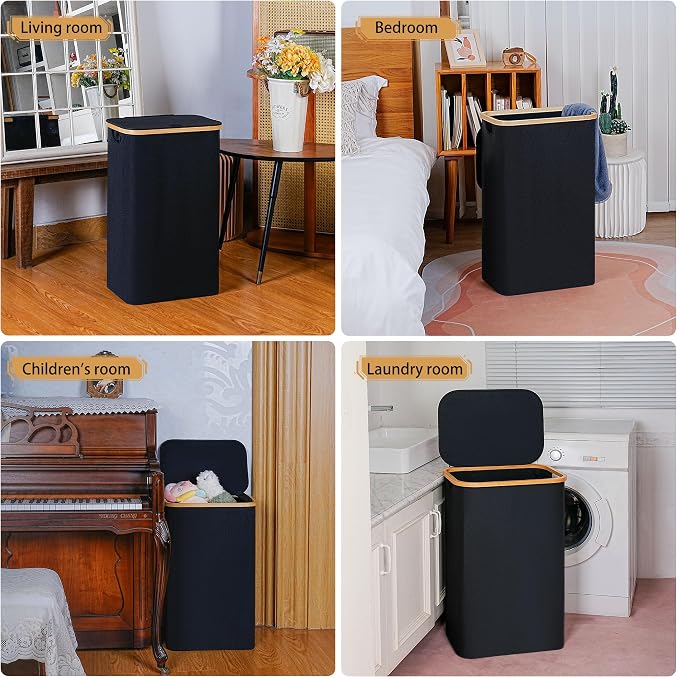 iEGrow 75L Slim Laundry Hamper, Narrow Laundry Basket with Lid,Foldable Clothes Hamper with Bamboo Handles,Hamper Basket with Removable Inner Bag for Laundry Room Bedroom College Dorm,19.8 Gals Black