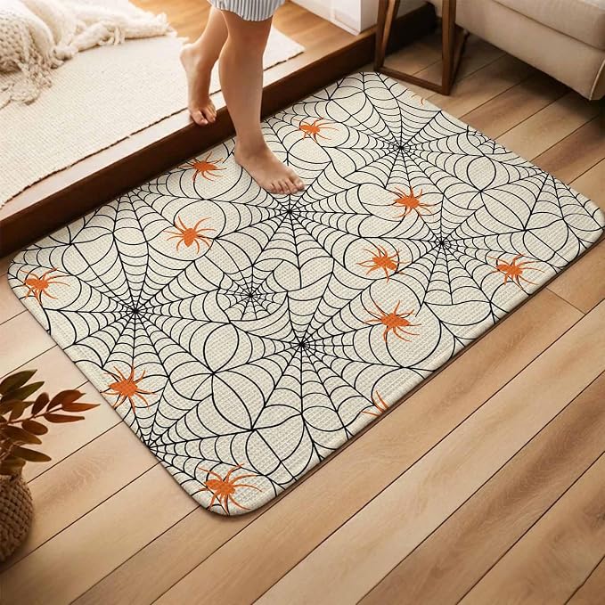 Small Door Mat Indoor Outdoor 15.7"x23.6",Halloween Absorbent Non Slip Entry Rug,Black Net Classic Spiders Gingham Orange Rustic Low Profile Welcome Mat for Front/Side Door Apartment Entrance Bathroom