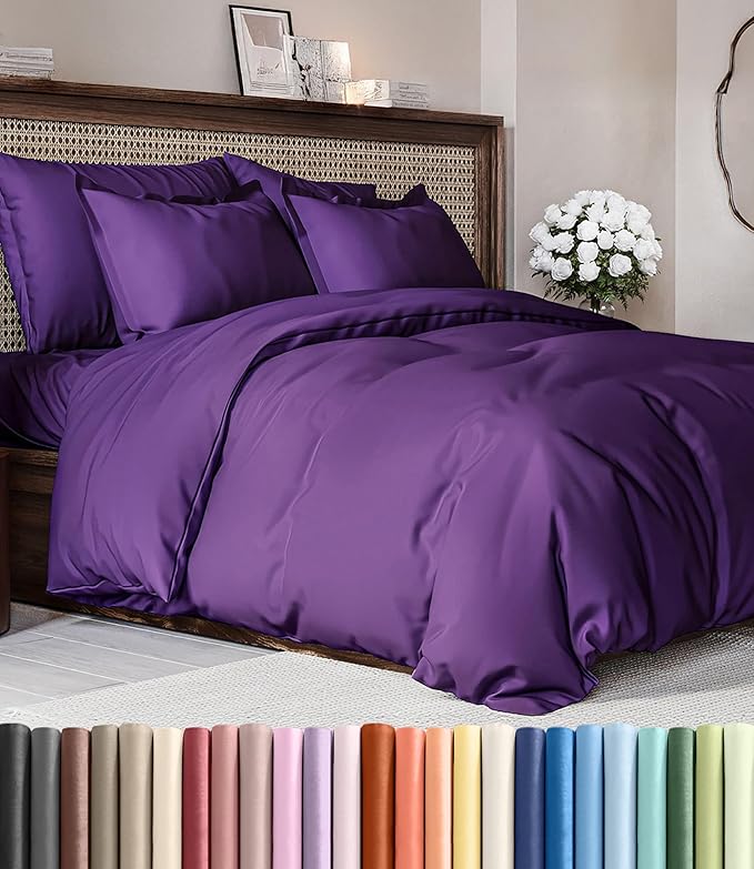 Duvet Cover Full Size Set - Extra Soft Full Duvet Cover 80" x 90" with 2 Pillow Shams for Women, Men, Kids & Teens - Hotel Luxury, Easy-Care w/ Zipper Closures & Ties - Comfy and Breathable (Purple)