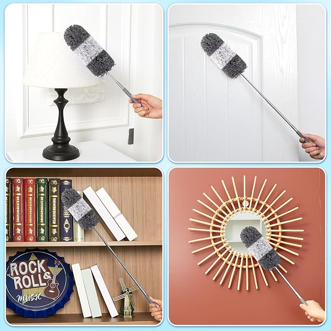 Tanlade 1 Pcs Microfiber Feather Duster for Cleaning 13-31 Inch Extendable Cobweb Dusters Ceiling Fan Duster Washable Bendable Tool for Office Car Window Furniture (Gray White)