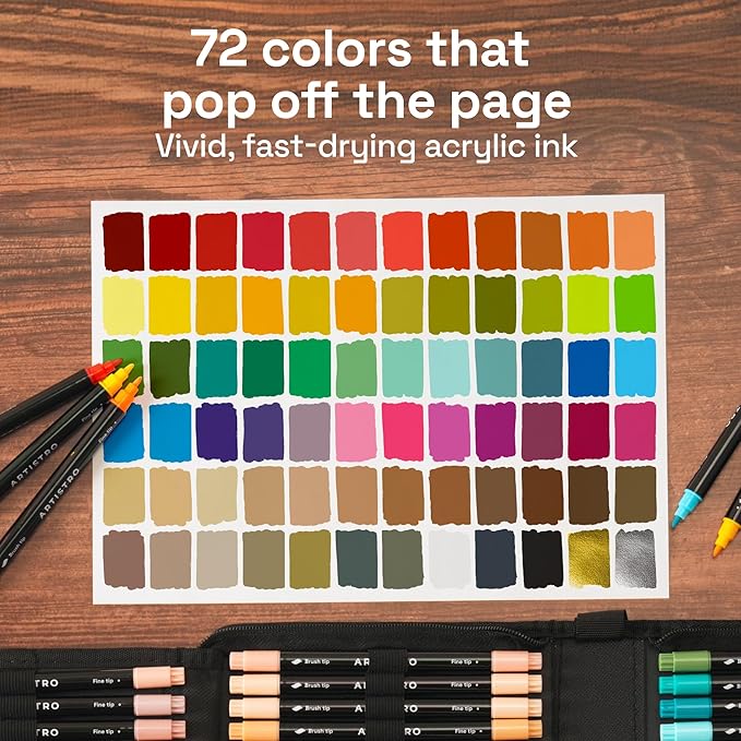 ARTISTRO Acrylic Paint Pens With Storage Bag for Calligraphy - Markers With Brush and Fine Precision Tips - Multisurface Painting for Fabric, Rock, Glass, and More (72 Markers, Dual Tip Brush + Fine)