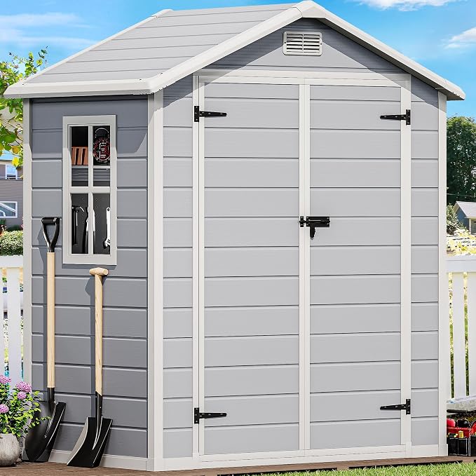 DWVO 6X4FT Resin Storage Shed with Reinforced Floor, Outdoor Storage Shed with Lockable Door, Window & Vents, Waterproof Plastic Tool Shed for Garden Backyard, Patio