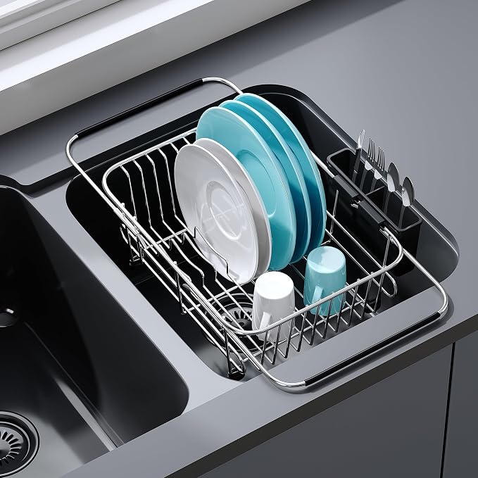 JASIWAY Sink Small Dish Drying Rack with Utensil Holder, for RV, Apartment | Over Sink Expandable Stainless Steel Dish Drainers for Compact Kitchen, Space Saving, Fast Drain, Rustproof, For 1-2 people