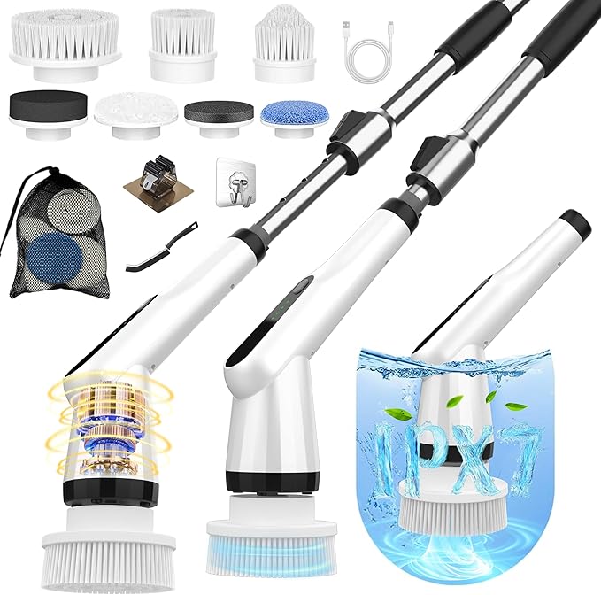 Electric Scrubber Brush, IPX7 Electric Scrubber for Shower, Electric Cleaning Brush Scrubber with 7 Replaceable Brush Heads & Retractable Handle, 2-Speed Adjustable Spin Cleaning Brush