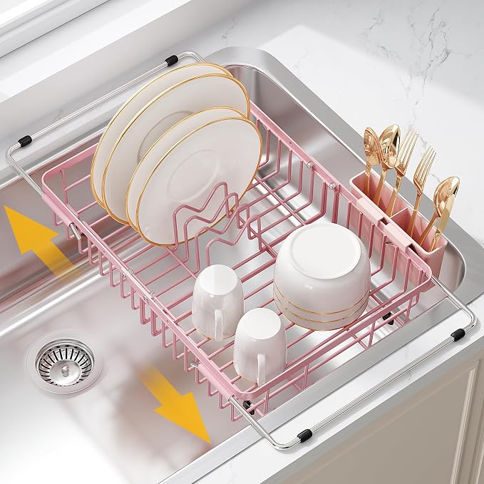 JASIWAY Pink Dish Drying Rack Over the Sink with Utensil Holder | Expandable Stainless Steel Dish Driainers for Small Kitchen, Counter Space Saving, Fast Drain, Rust Resistant, For Apartment