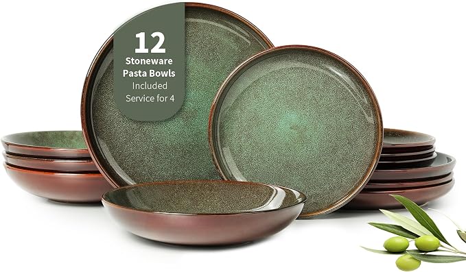 Pokini 12 Piece Dinnerware Sets with Pasta Bowls, Stain Resistant Dish Set, Easy Cleaning Dishes, Multi-Functional Plate and Bowl Set, Stack Compactly Plates, Service for 4 Sage Green