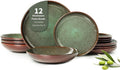 Pokini 12 Piece Dinnerware Sets with Pasta Bowls, Stain Resistant Dish Set, Easy Cleaning Dishes, Multi-Functional Plate and Bowl Set, Stack Compactly Plates, Service for 4 Sage Green