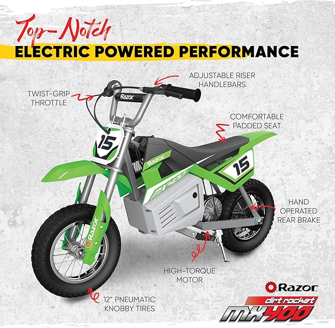 Razor MX400 Dirt Rocket Electric Bike for Kids Ages 8+, 140 Pounds Max Weight, Green – 24-Volt Battery, up to 14 Mph, 30-Minute High Speed Ride Time, Twist-Grip Throttle, 12-Inch Pneumatic Tires