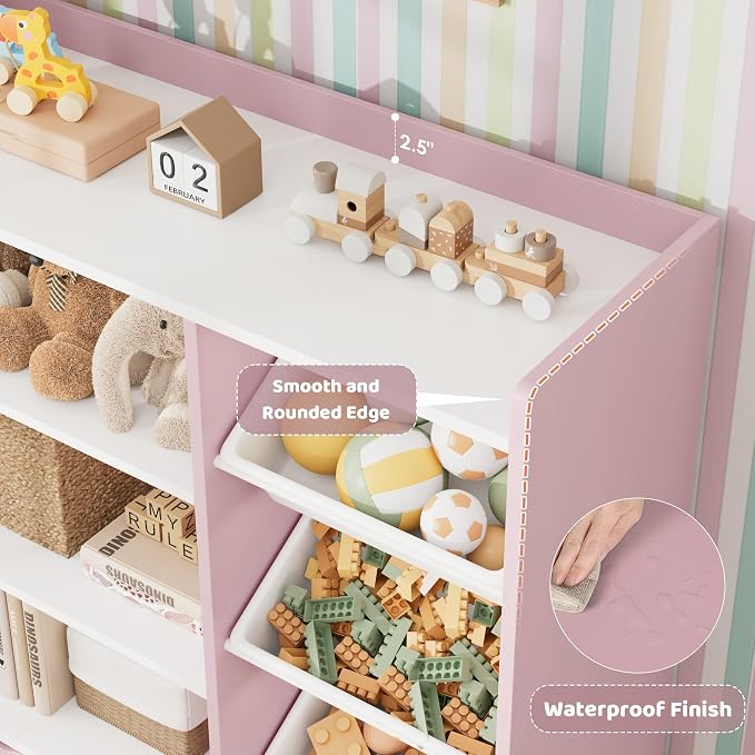 HITHOS 55" W Kids Toy Storage Organizer with 10 Toy Box & Book Shelf, Pink | Large Toy Organizers and Storage with Kids Bookshelf & 6 Plastic Toy Chests & 4 Movable Drawers for Kids Room, Playroom