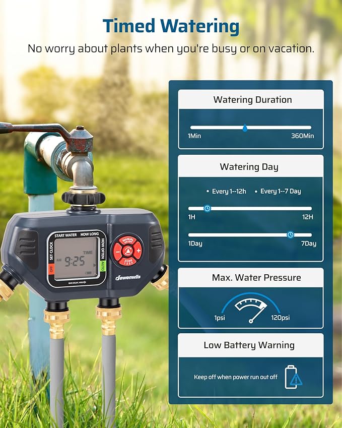 DEWENWILS Sprinkler Timer 4 Zone, Water Timer for Garden Hose with Rain Delay/Manual/AUTO Irrigation, Programmable Outdoor Faucet Hose for Yard, Lawn