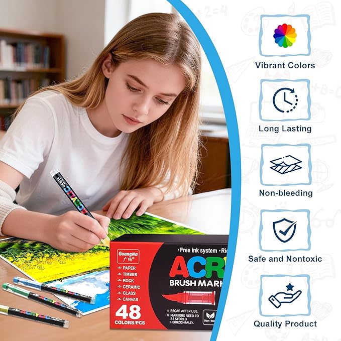 Guangna Acrylic Paint Markers Brush Tip, 48 Vivid Colors with Direct-Liquid Ink System, Professional-Grade Paint Pen for Rock Painting, Canvas, Glass, Plastic, Fabric & Creative Crafts