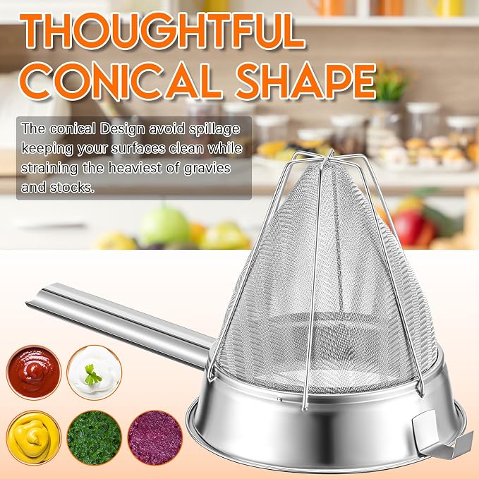 SiliFine Stainless Steel Reinforced Bouillon Sieve Strainer Cone Fine Mesh Strainer with Handle and Rubber Pestle for Kitchen Food Cooking(8 Inch)