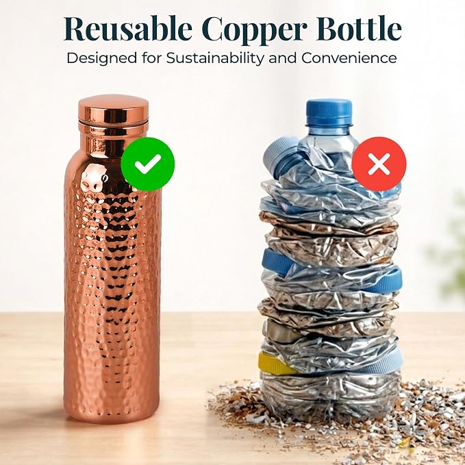 Four Flowers Copper Water Bottle 650ml with Cleaning Brush – Copper Coated Exterior & Stainless Steel Interior – Leak Proof Wide Mouth Metal Bottle for Travel, Gym, Office & Daily Hydration