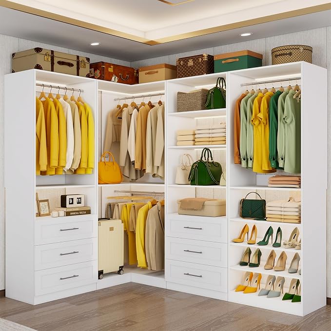 Vomavex Closet System with 4 sets, 101.9" Closet Organizer Systems with 6 Drawers & 8 Hanging Rods & Adjustable Shelves, Walk in Closet Standing Closet System, Corner Closet System Set, White