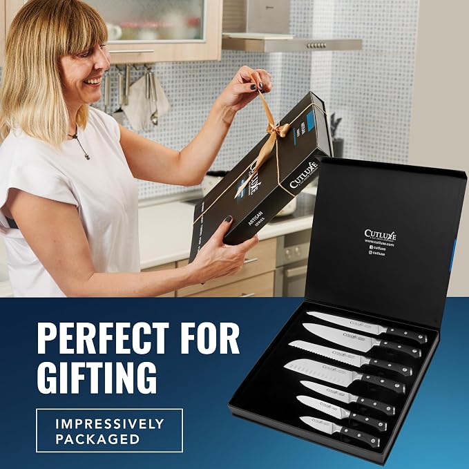 Cutluxe Chef Knife Set, 7-Piece Kitchen Knives – Razor Sharp German Steel | Professional Full Tang Blades with Ergonomic Handles – Artisan Series, Forged High Carbon