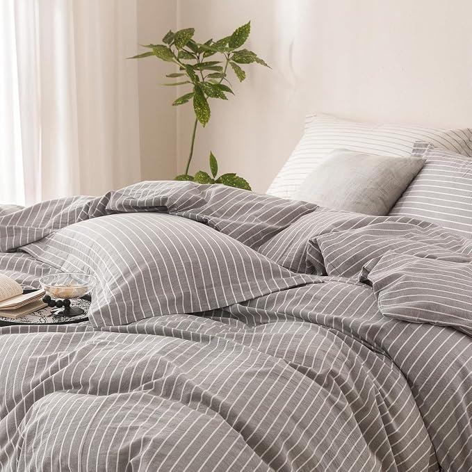 Stripe Duvet Cover Twin Size 90inch x 68inch, 100% Washed Cotton Linen Feel Duvet Cover with Zipper Closure and 1 Pillowcases, Color of Grey-White Stripe