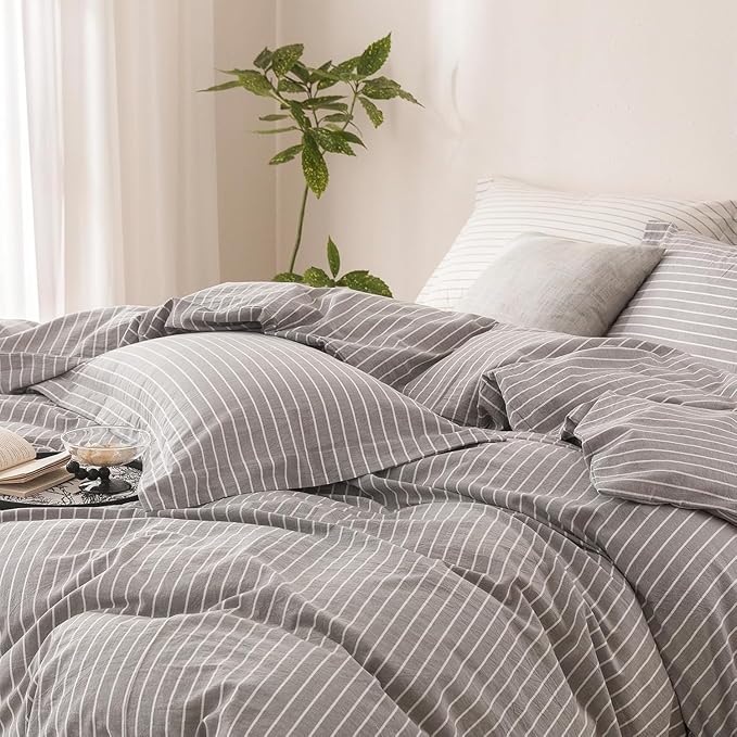 Stripe Duvet Cover California King Size 104inch x 98inch, 100% Washed Cotton Linen Feel Duvet Cover with Zipper Closure and 2 Pillowcases, Color of Grey-White Stripe