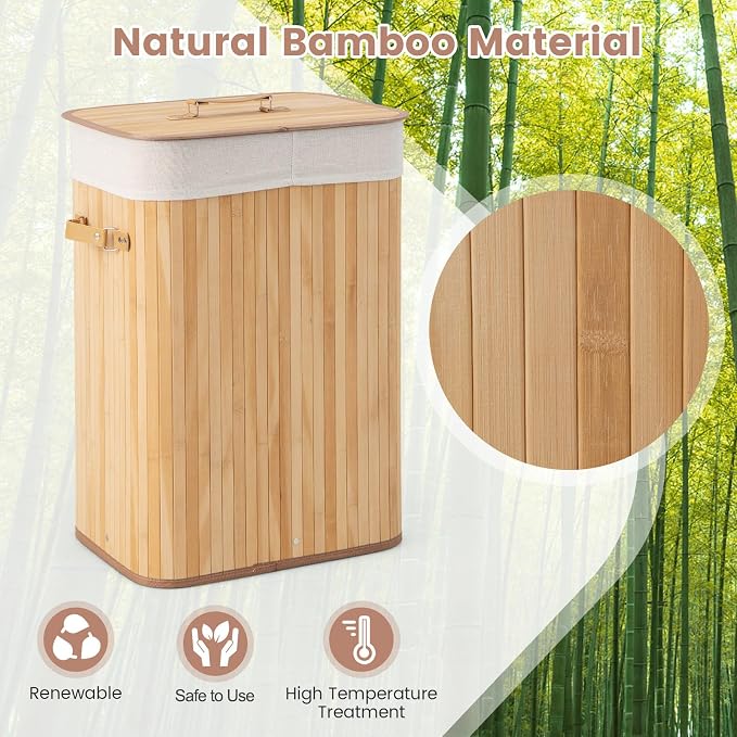 Giantex Bamboo Laundry Hamper with Lid Removable Liner & Handles | 72L Large & Tall Clothes Hamper, Rectangular Laundry Basket for Small Spaces, Laundry Room, Bedroom, Natural