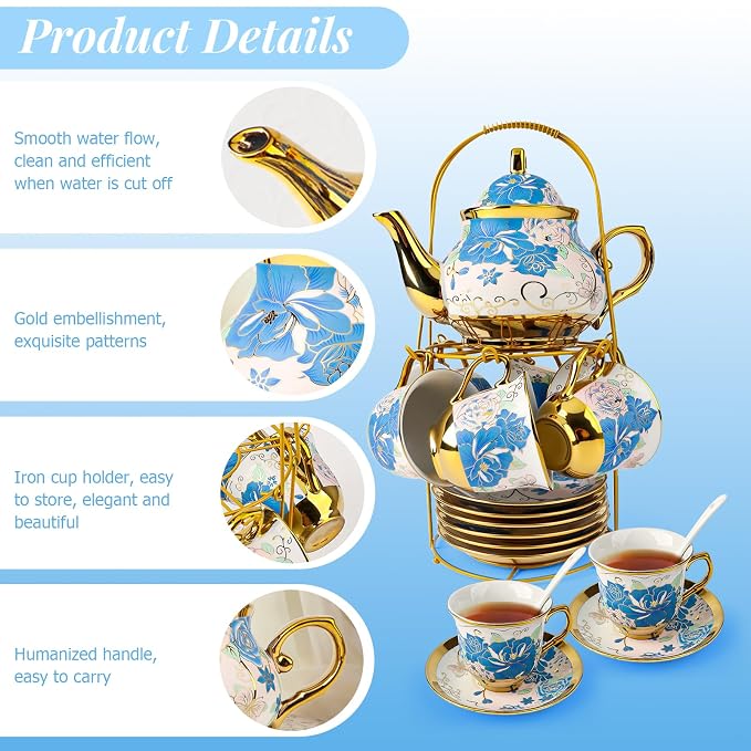 ALIMOTA 20 Pcs Porcelain Tea Set with Metal Holder and Spoon, European Ceramic Tea Set for Adults, European Flower Painting Teapot Cup Saucer Spoon Set for 6, Gift Pack (Blue and Pink)