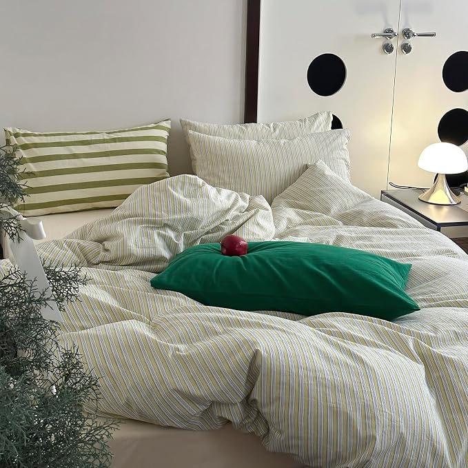 mixinni Vintage Geometric Striped Duvet Cover Set - 3 Piece 100% Washed Cotton Full Size Bedding Set with Matching Pillowcases | Mid-Century Modern Design | Ultra Soft & Breathable-Full Size
