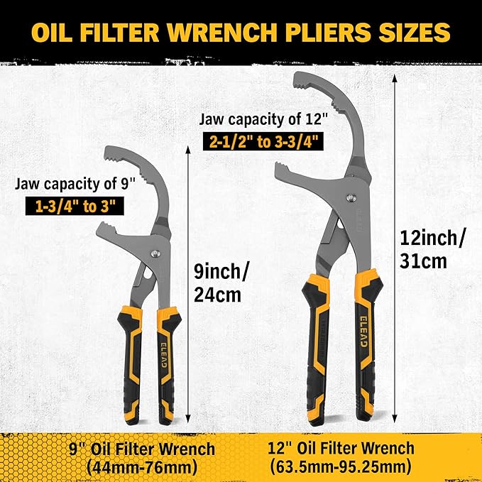 ELEAD Adjustable Oil Filter Wrench Set - 9" & 12" Pliers for Cars, Trucks, Motorcycles - Durable Carbon Steel, Ergonomic Grip, Easy Access Design