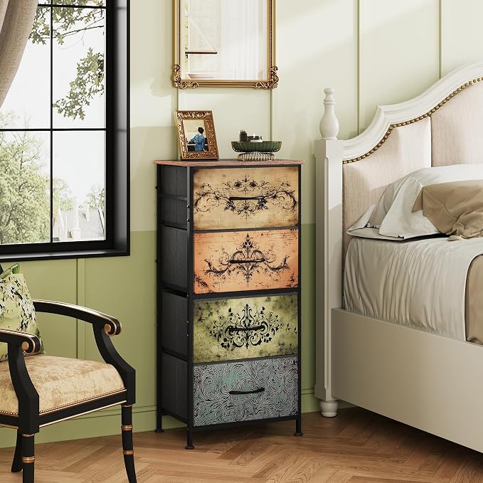 WLIVE Small Dresser Nightstand for Bedroom, 4 Drawers, Pattern | 4 vertical fabric drawers, Space-saving tower, Bedroom or closet use, Chest of drawers, Dresser for small spaces